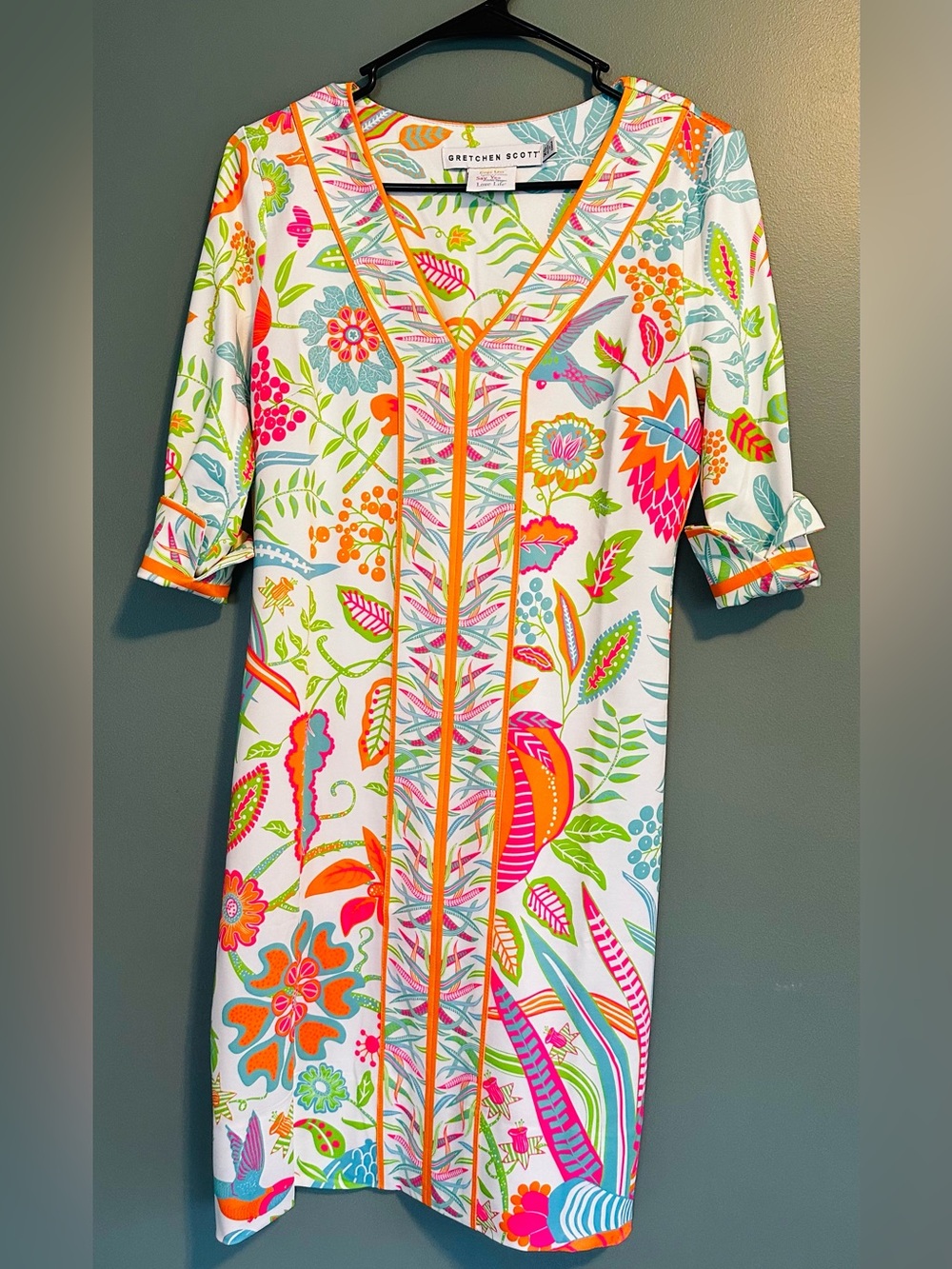 Gretchen Scott Designs White Tunic Shift Dress- vibrant florals- size xs
